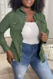 Llyge - Army Green Fashion Casual Solid Patchwork Turndown Collar Long Sleeve Regular Denim Jacket