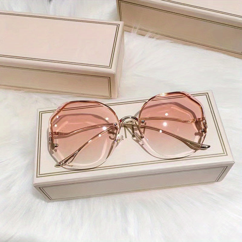 Llyge - Stylish Irregular Rimless Sunglasses Oversized Gradient Color Metal Sunshade Eyeglasses Elegant Driving Eyewear