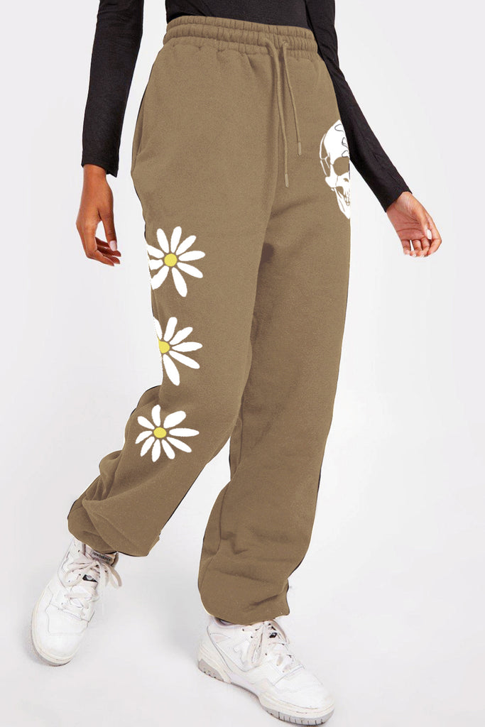 LLYGE Early Autumn New Simply Love Full Size Drawstring Flower & Skull Graphic Long Sweatpants