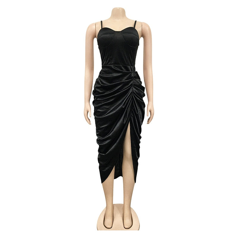 Llyge New Fashion Drape Details Stain Dress Vintage Women Spagetti Straps High Slit Ruched Party Club Dress Sleep Wears