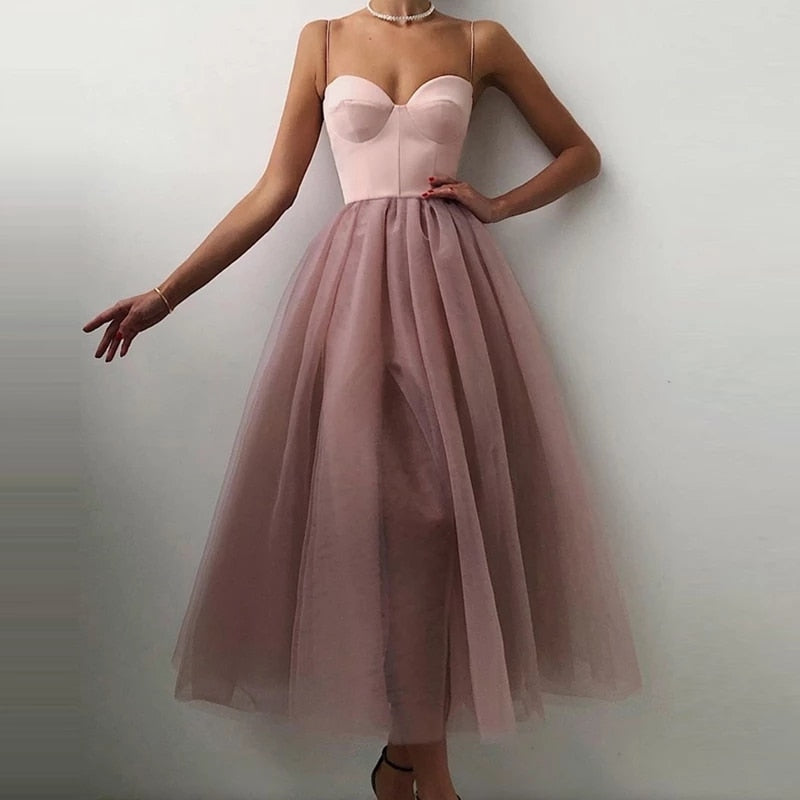 Graduation Prom Llyge   e A -Line Dusty Pink Short Prom Dresses  Spaghetti Straps Satin And Tulle Ankle Length Party Evening Gowns