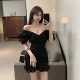 Llyge  2023 Summer Women Princess Style Mini Party Dress Elegant V Neck Slim White Black Korean Chic Short Dress Puff Sleeve Fold DressLlyge  2023