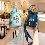 Llyge  2023  850ml Cute Big Capacity Water Bottle With Straw Strap Stainless Steel Portable Sport Double drinking spout Drink Bottle For Kids