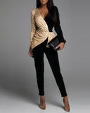 Llyge  2023 New Women  Colorblock Sequins Velvet Ruched Long Sleeve Jumpsuit Casual Long Skinny Pants Work Outfits