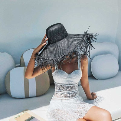 LLYGE Summer Wide Brim Black Sun Hat For Women Beach Travel Sun Hat UV Protection White Sea Straw Hats Holidays Panama Beach Hat