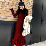Llyge Slim Woman  Aesthetic Knitted Bodycon Long Blue Sweater Dress For Women Winter Korean Fashion Robe Vintage Dresses 2023