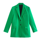 LLYGE 2023 Chic Green Oversized Long Women Blazer V Neck Pockets Office Lady Fashion Jackets Female Elegant Women Blazer