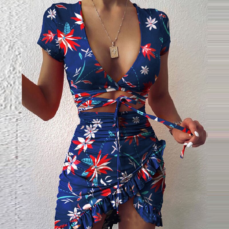 christmas gift new floral print fashion tie up wrap mini dress 2023 summer holiday ruffles sundress ruched womens dress short sleeve