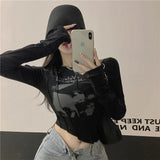 Llyge Back to School Casual Slim T-Shirt For Women O Neck Long Sleeve  Crop Top Grunge Letters Print Female Korean Fashion Clothing 2023