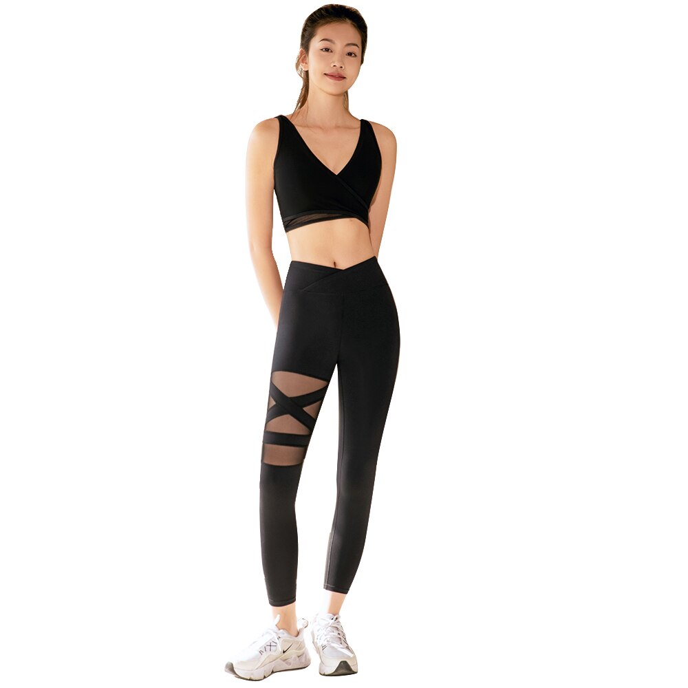 Yoga Sets Women Gym Clothes Sports Bra and Fitness Leggings Nylon Deep V Neck Mesh Splice Stretch Running Outdoor Workout Suit