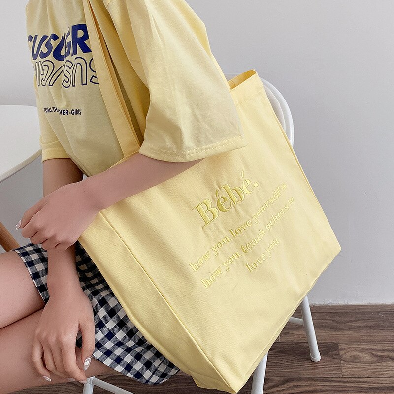 Embroidery Letter Women's Shoulder Bags Large Capacity Ladies Canvas Shopping Shopper Bag Girls Student Book Tote Purse Handbags