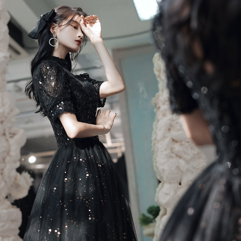 Llyge 2023  Vintage Black Princess Dress Illusion Turtleneck Sequined Evening Dresses Luxury Backless Bandage Puff Sleeves Banquet Gowns