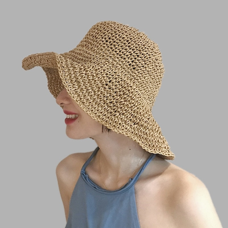 Simple girl Raffia Sun Hat Wide Brim Floppy Summer Hats For Women Beach Panama Straw Dome Bucket Hat Femme Shade Hat