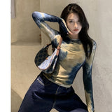 Llyge Slim T Shirt Women Tie Dye Print Long Sleeve Tops Korean Style Tshirts Vintage Streetwear Skinny Tee Top