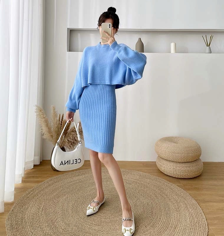 Spring  Knitted Sweater Batwing Sleeve Two Piece Set Women Fashion Warm Sweater Pullover Dress Femme Clothes
