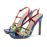 LLYGE New Colorful Sandals Women Buckle Strap Strappy Square Toe Stiletto Heels Sandals  Ladies Shallow Party Shoes Size 42