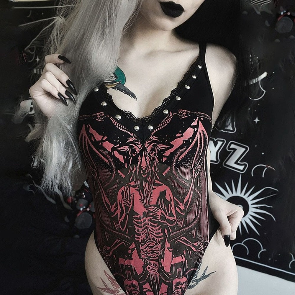 LLYGE Gothic  V Neck Rivet Bodysuit Aesthetic Punk Dragon Print Skinny Backless Red Jumpsuit Y2K E Girl Goth Clothing