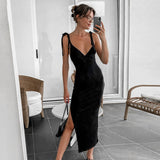 Llyge  2023 Fashion Bow Straps  Summer Dress Women Backless Midi Dresses 2023 Black Elegant Sleeveless Split Women's Party Dress Robe