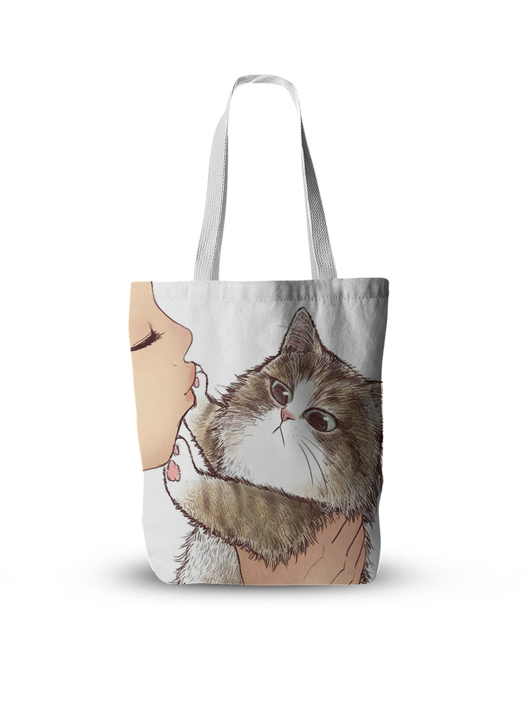 New Style Canvas Tote Bag For Women Funny Cute Cat Kiss Shopping Bag For Groceries High Quality Eco Large-Capacity Shoulder Bag