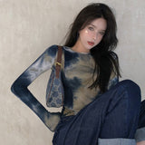 Llyge Slim T Shirt Women Tie Dye Print Long Sleeve Tops Korean Style Tshirts Vintage Streetwear Skinny Tee Top