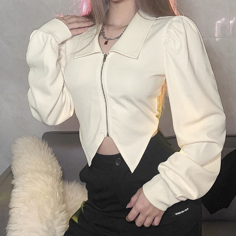 Llyge  Graduation party  Vintage Women's Shirts Chic Long Sleeve Lapel Collar Office Lady Blouse Solid Casual Zipper Top Woman Winter Fashion