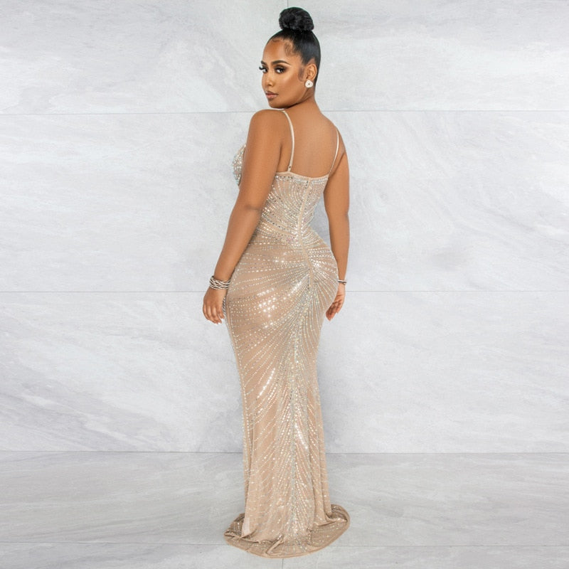 Llyge Sparkle Sleeveless Black Mesh Sheer Rhinestones Maxi Dress Glam See-Through Crystal Party Dresses Birthday Outfits