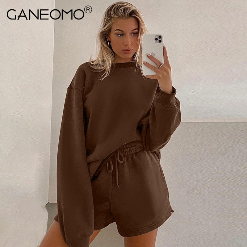 LLYGE Two Piece Set Women Sweatshirts Y2K Tracksuit Sets Pullover Fleece Hoodies Tops Casual Jogger Shorts Suits Brown Apricot Outfits