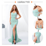 Graduation Prom Llyge Luxury Mint Sequin Slip Lace Up Long Cocktail Party Dress Backless Hollow Out Velvet V Neck Maxi Gown Celebrity Women Summer