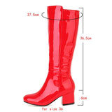 Llyge Black White Red Women Knee High Boots Patent PU Leather Square Heel Round Toe Ladies Modem Boots Short Plush Fall Winter Boots