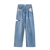 Llyge Vintage Asymmetrical Waist Hole Straight Jeans Womens Loose Denim Pants 2024 Casual Wide Leg Pants Streetwear Mom Jeans