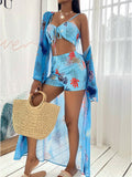 LLYGE 2023 New 3 Pcs Long Sleeve Bikini Cover Up Swimwear Women Print Beach Wear Set High Waist Shorts Bandage Swimsuit Bathing Suit