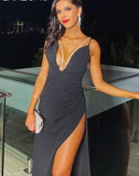 LLYGE Elegant  Slip Slit Bodycon Maxi Dress For Women Backless Straps Prom Long Dresses 2023 Summer Party Evening Birthday Woman