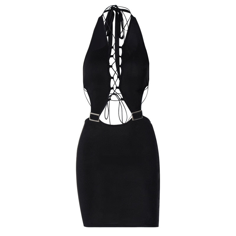 Llyge  Graduation party  Gothic Black Sleeveless Bandage  Dress For Women Club Party Ribbed Cut Out Backless Tank Dresses Skinny Autumn Summer 2023