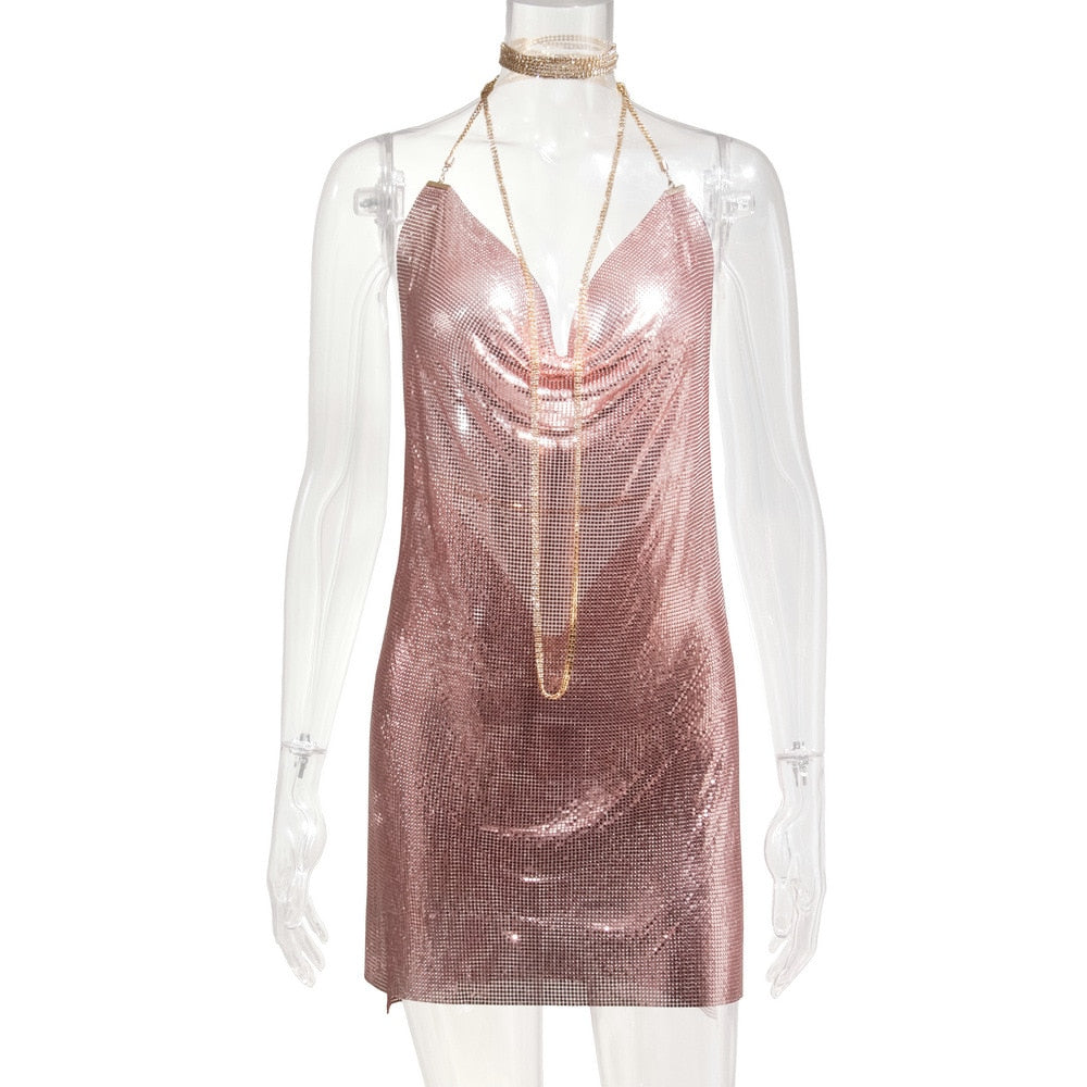 Llyge Neck Gold Sequined Metallic Halter Backless Party Dress Kendall Jenner's Nightclub Metal Summer Dress