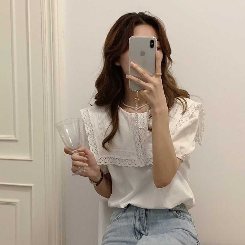 Llyge  Color-Hit Sweet Fashion Chic Office Ladies Summer Women Sailor Collar Tops Short-Sleeved All-Match Shirts Lace Blouse