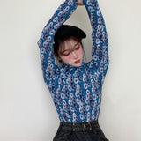 Llyge Japanese Style Turtleneck Blouses Women Floral Print Long Sleeve Shirt Chic Pleated Design Ladies Elegant Tops Korean