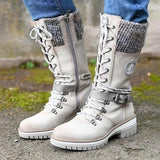 Llyge 2022 Women Winter Buckle Lace Knitted Mid-Calf Boots Low Heel Round Toe Boots Top Quality Winter Warm Boots Women Botas De Mujer