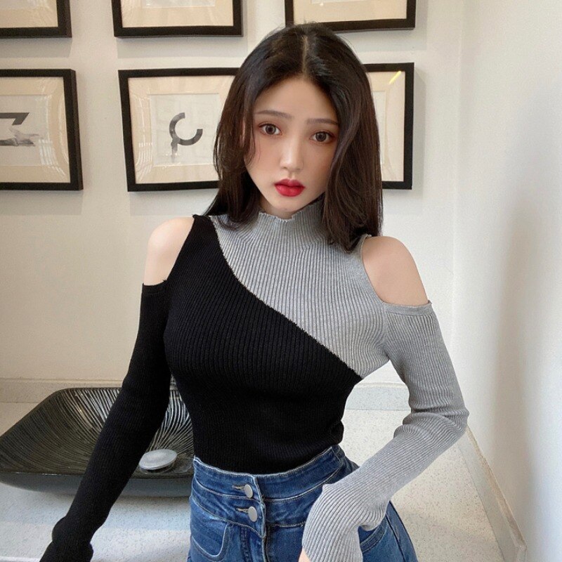 Llyge INS New Women Long Sleeve Black Patchwork Knitted Ribbed Pull  Sweater Cold Shoulder Off Top Femme Pullover Clothes