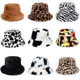 LLYGE Winter Cow Leopard Faux Fur Fluffy Bucket Hats Women Outdoor Warm Sun Hat Soft Velvet Furry Fisherman Cap Girl Fashion Panama