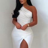 Llyge 2023 Summer Elegant Solid One Shoulder High Split Thigh Ruched Maxi Floor Dress White  Corset Asymmetric Party Robes Female