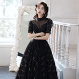 Llyge 2023  Vintage Black Princess Dress Illusion Turtleneck Sequined Evening Dresses Luxury Backless Bandage Puff Sleeves Banquet Gowns