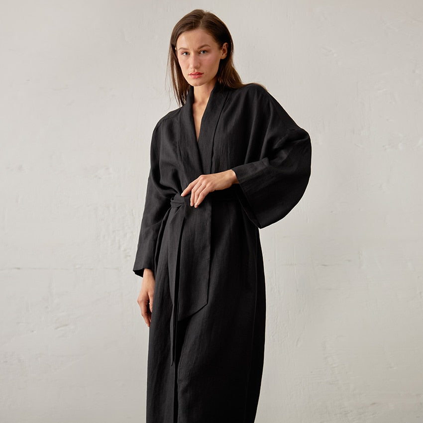 Llyge Cotton Women Robes With Sashes Loose Long Sleeve V Neck Midi Bathrobe Solid Casual Home Robe Female Nightwear Autumn 2022