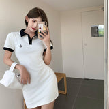 Llyge  2023  Summer Women  Slim Waist Short Sleeve Mini Dress Polo Collar Package Hip Short Color Matching Dresses Verano