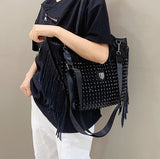 LLYGE Women's bag luxury designer purses and handbags for women vintage rivet tote bags leather tassel Shopper bag shoulder bag