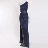 Graduation Prom Llyge  Silver One Shoulder Hollow Out Sequin Cocktail Dress Navy Luxury Long Pleated Slit Open Leg Padded Sleeveless Night Party