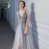 Llyge 2023 Luxury Gray Sequined Small Trailing Evening Dress V-neck High Split  Backless Tulle Formal Banquet Dresses Prom Gowns