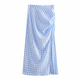 LLYGE 2023 Spring Casual Woman Blue Plaid Irregular Slit Skirt Female Sweet Folds Mid-calf Skirts Ladies Chic Slim Zipper Skirt