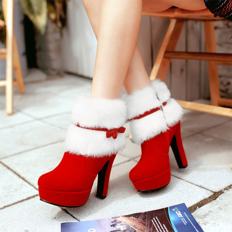 Llyge Winter Women Boots Christmas Ankle Boots High Heels Ladies Shoes Femme Warm Short Boots Red Black Shoes Plus Size 35-43