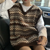 Llyge Sweater Tops Pull Vintage Brown Black Sweaters Vest Women Preppy Style Plaid Knitted Sweater V-Neck Loose Sleeveless Pullover