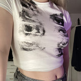 LLYGE Grunge Aesthetic Gothic Punk T-Shirts White Women Summer Graphic Print Crop Tops Slim Short Sleeve Fashion Alt Clothes